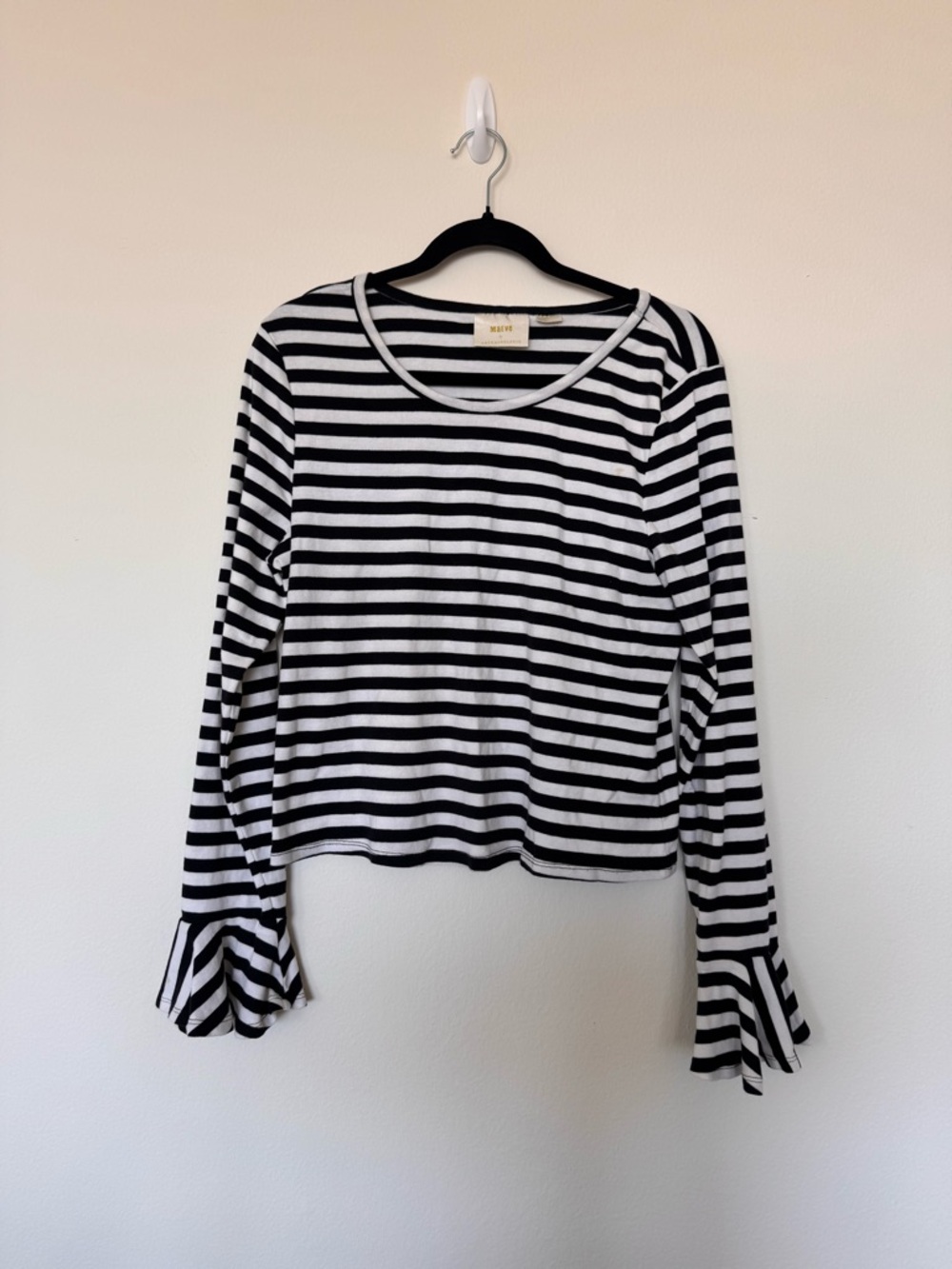 Maeve Anthropologie Size XL Striped Ruffle Bell Sleeve Black and White Top
